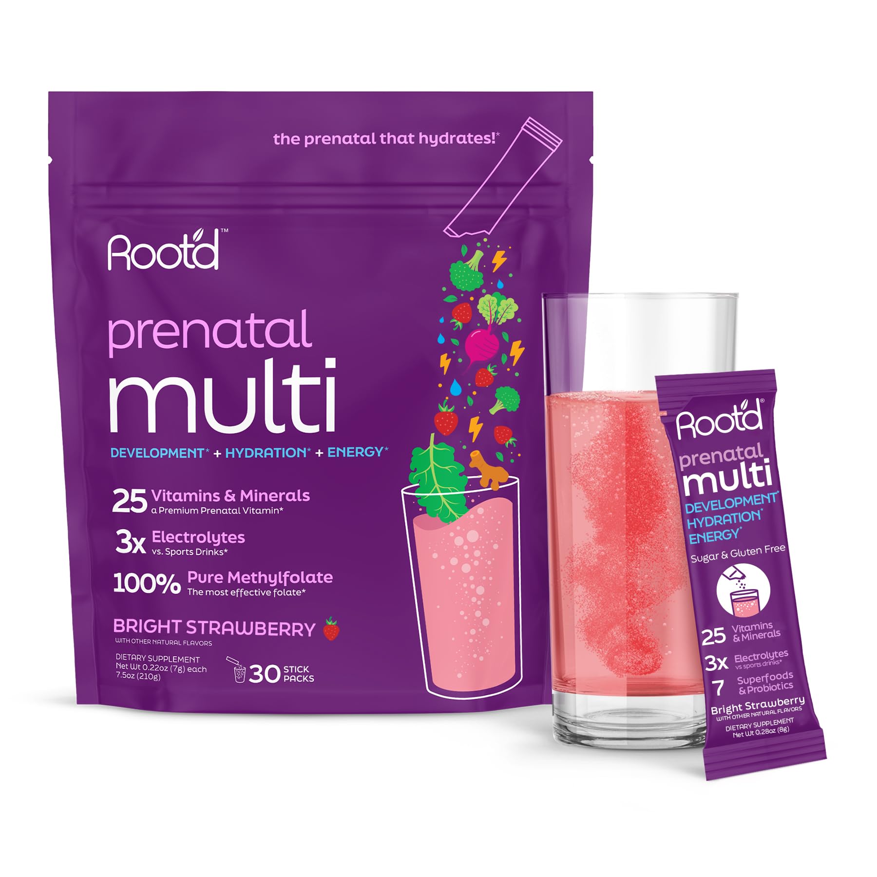 Root'd Prenatal Multivitamin Powder bottle showing comprehensive nutrients for mom and baby