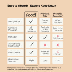 Close look at Root'd Prenatal Powder ingredients and superfoods poster