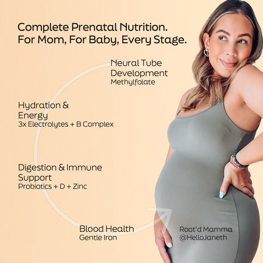 Box of Root'd Prenatal Multivitamin Powder packets for convenient daily vitamins