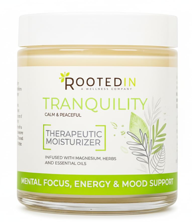 Rooted In magnesium cream with Ashwagandha bottle highlighting potent topical calm support.