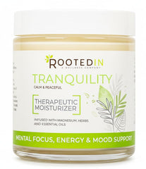 Rooted In magnesium cream with Ashwagandha bottle highlighting potent topical calm support.