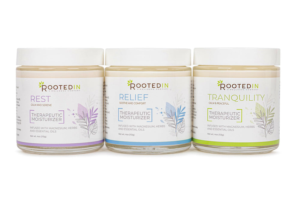 Rooted In Tranquility glass jar shown for nightly relaxation with magnesium cream