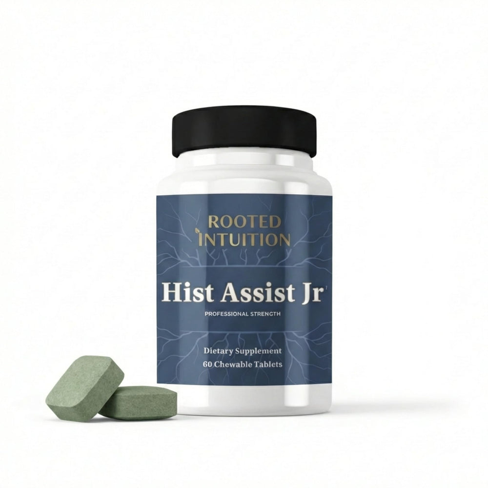 Rooted Intuition Hist Assist Jr bottle with berry chewables for kids' seasonal support.