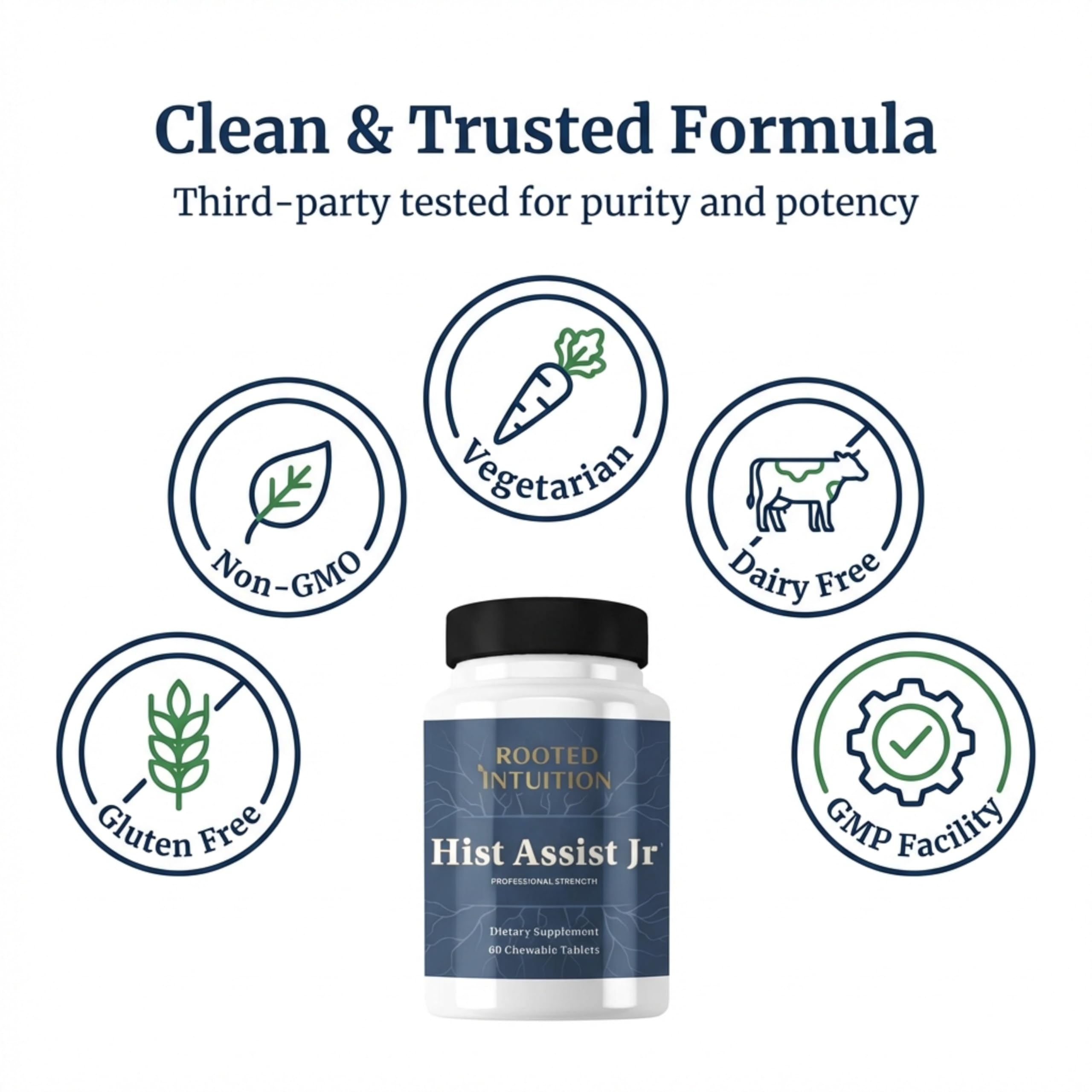Brand packaging shows gluten-free, non-GMO formulation for Hist Assist Jr.