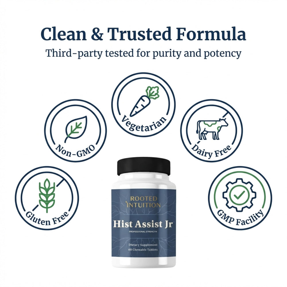 Brand packaging shows gluten-free, non-GMO formulation for Hist Assist Jr.
