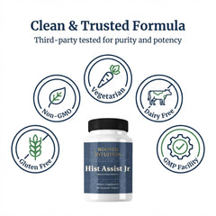 Brand packaging shows gluten-free, non-GMO formulation for Hist Assist Jr.