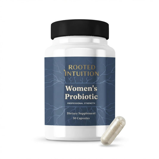 Rooted Intuition Women’s Probiotic bottle with capsules for daily balance support.