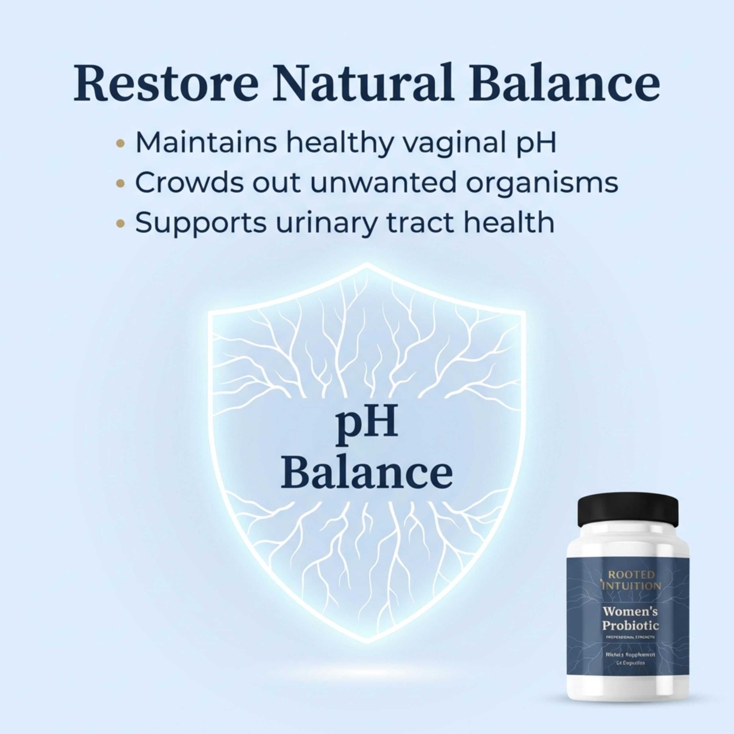 Rooted Intuition probiotic label close-up showing vegan and allergen-free features.