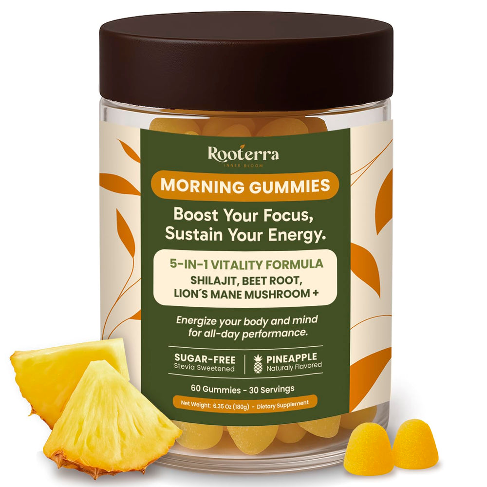 Rooterra Inner Bloom shilajit gummies bottle signals tasty energy and daily vitality