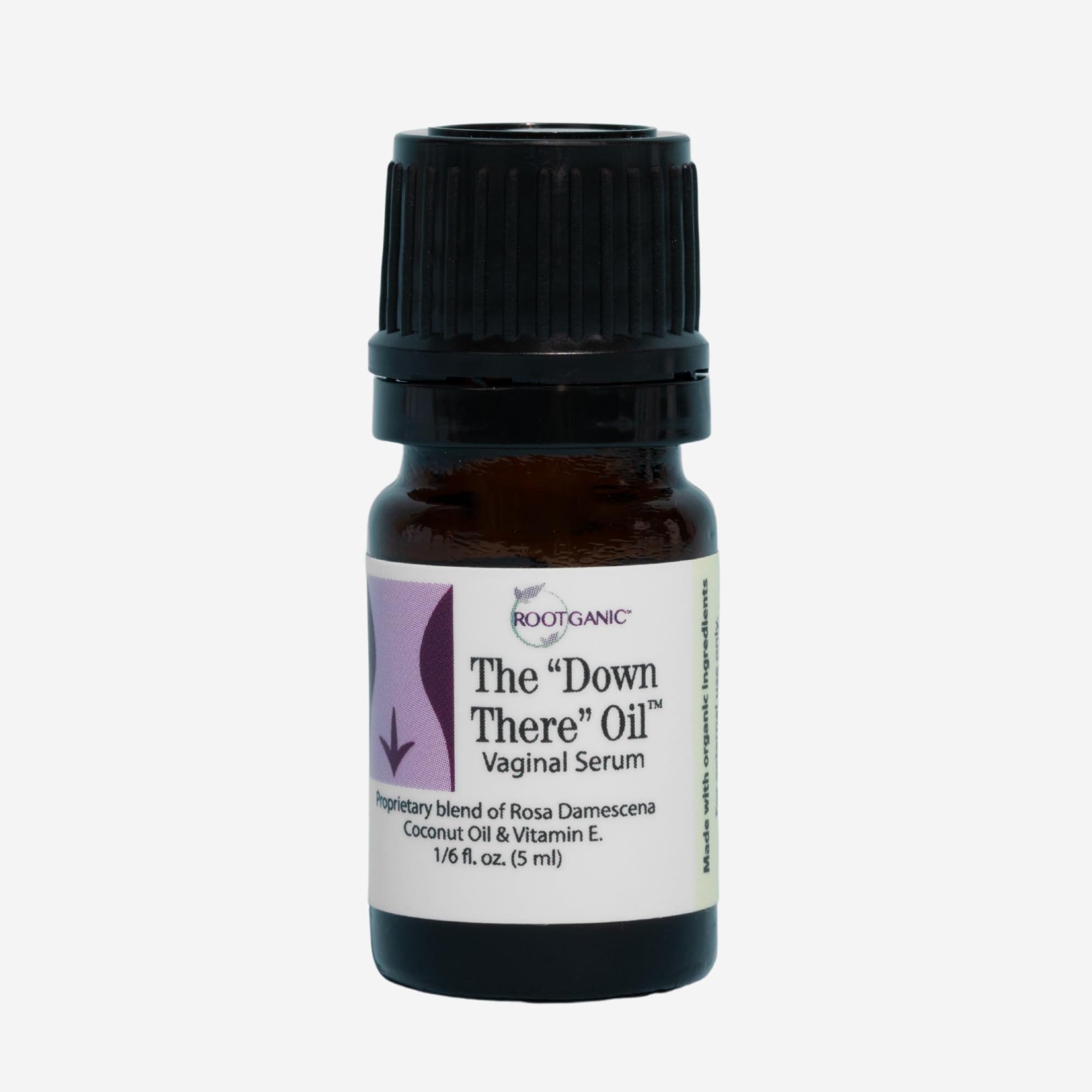Rootganic Down There Oil bottle pour for quick external moisture relief.