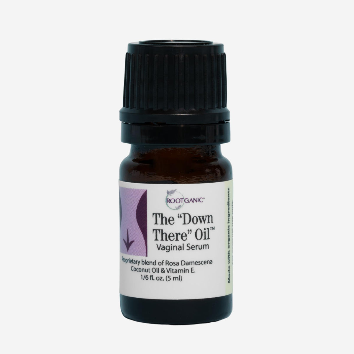 Rootganic Down There Oil bottle pour for quick external moisture relief.