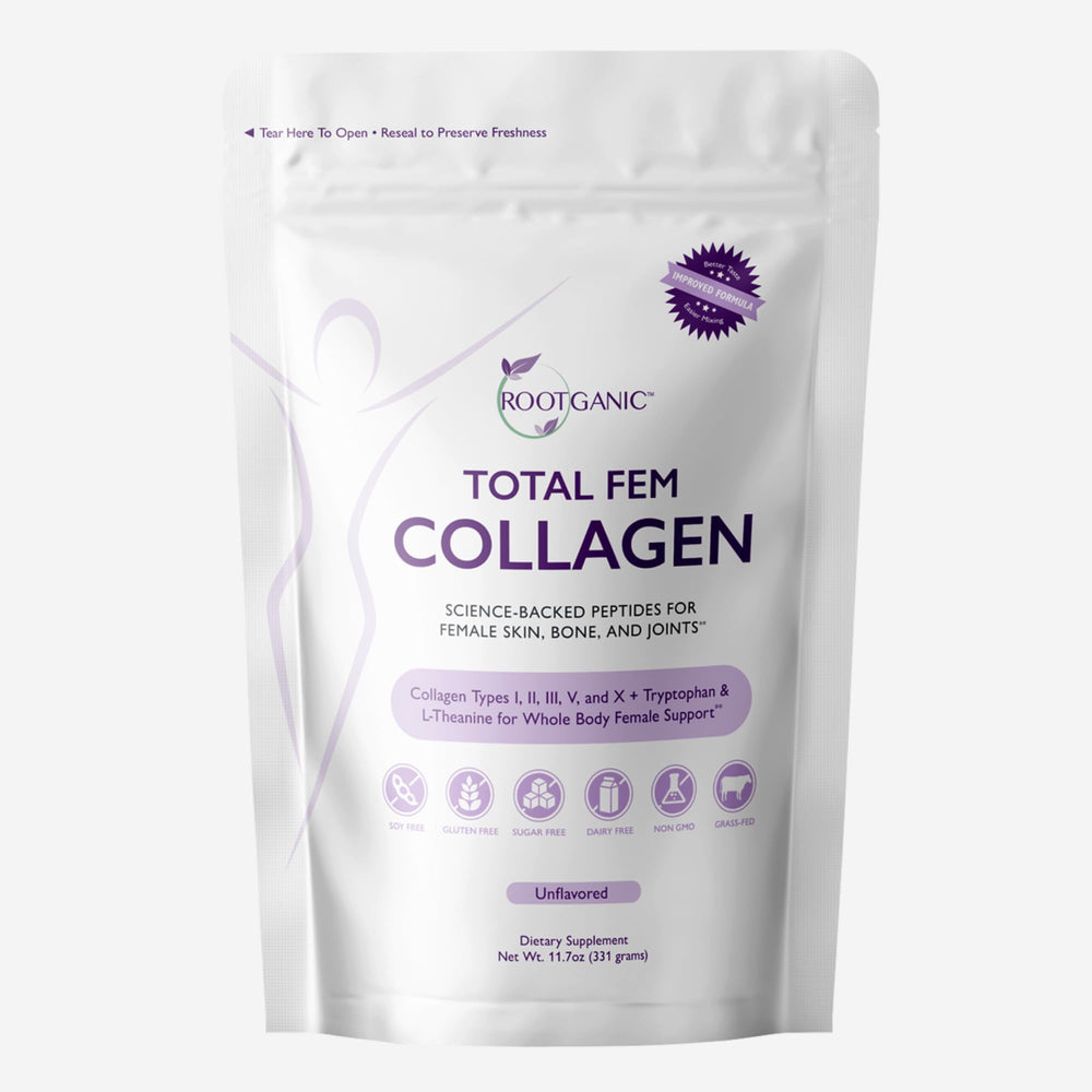 Rootganic Total Fem Collagen powder bottle closeup for pelvic floor support