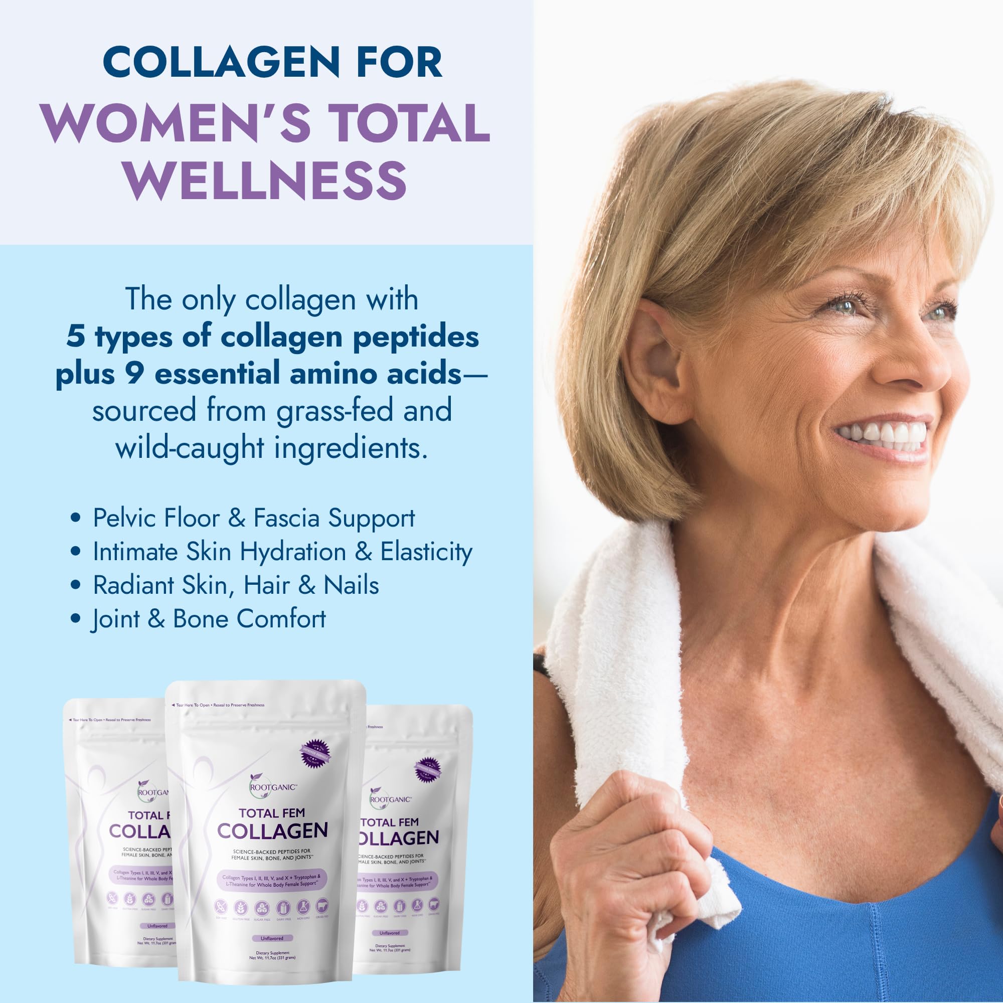 Rootganic Total Fem Collagen powder stirred into coffee for daily use