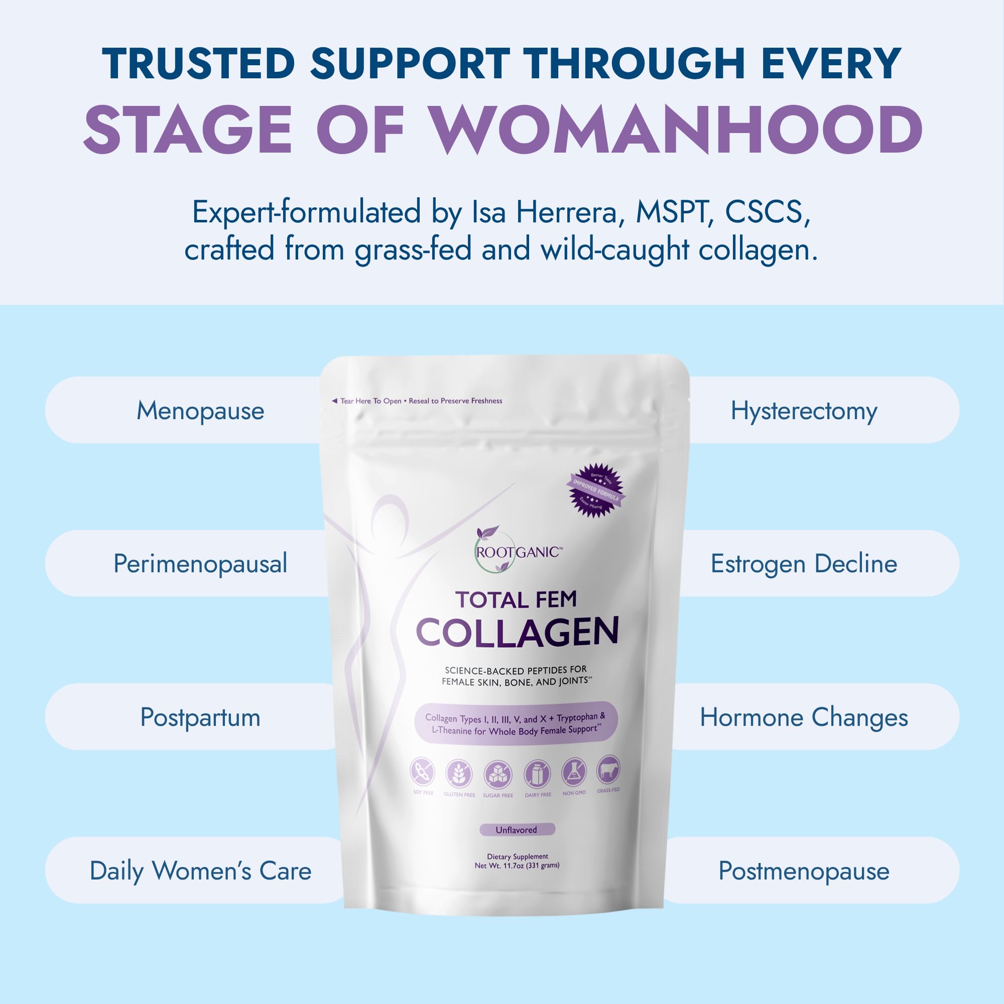 Rootganic Total Fem Collagen powder texture closeup emphasizing pure formula