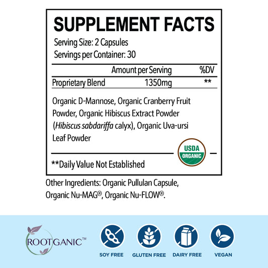 Rootganic Total Fem cranberry powder closeup highlights organic, urinary tract friendly antioxidant-rich berry.