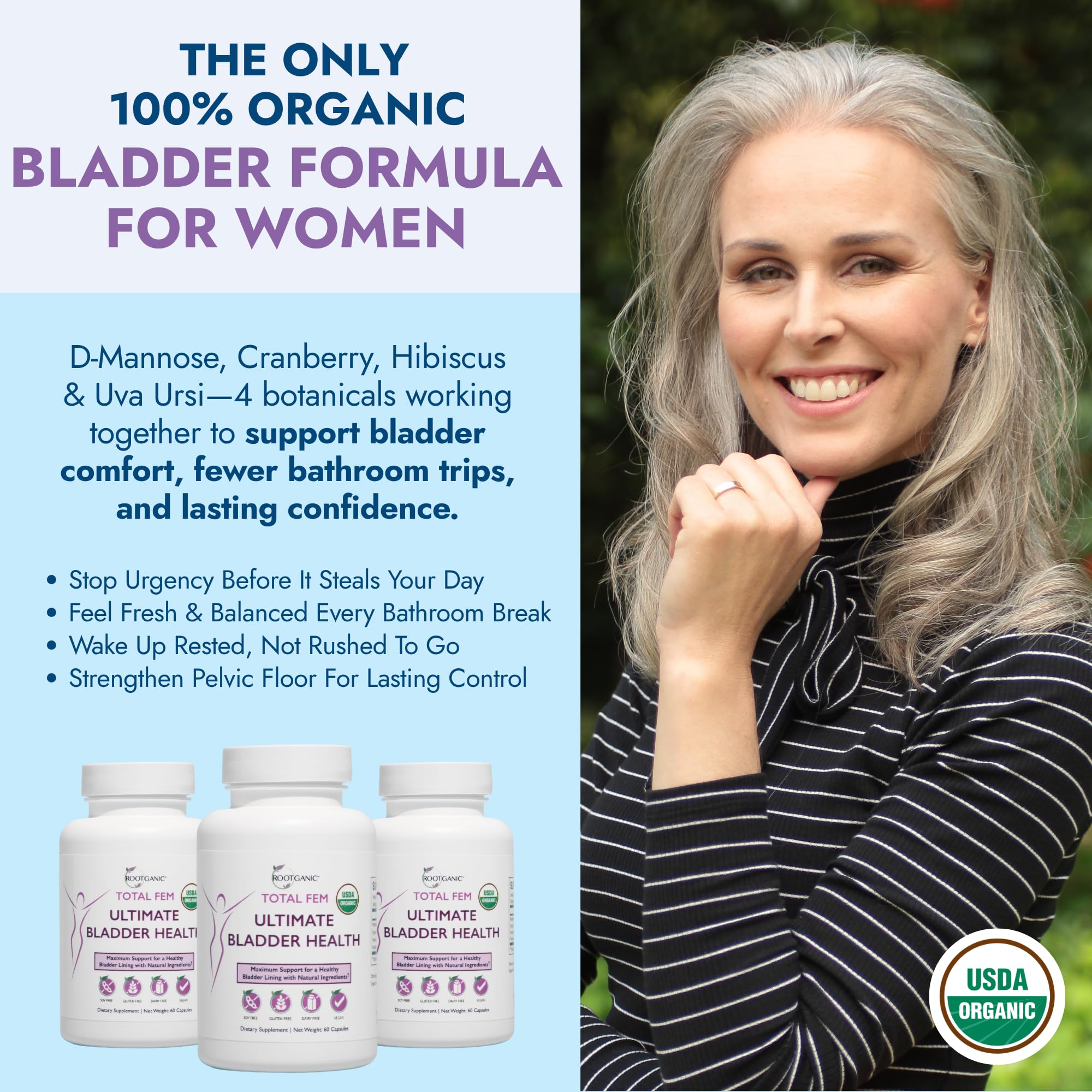 Rootganic Total Fem D-mannose ingredients closeup signals natural support for efficient urinary function.