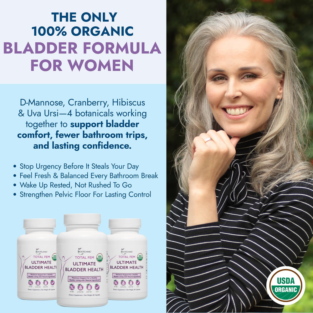 Rootganic Total Fem D-mannose ingredients closeup signals natural support for efficient urinary function.