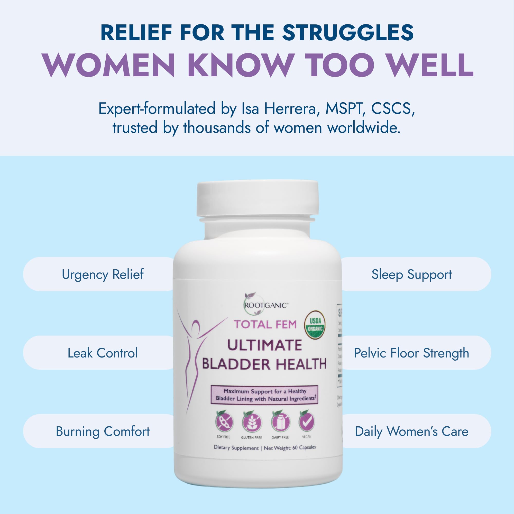 Rootganic Total Fem uva-ursi leaf illustration emphasizes herbal notes for bladder comfort.