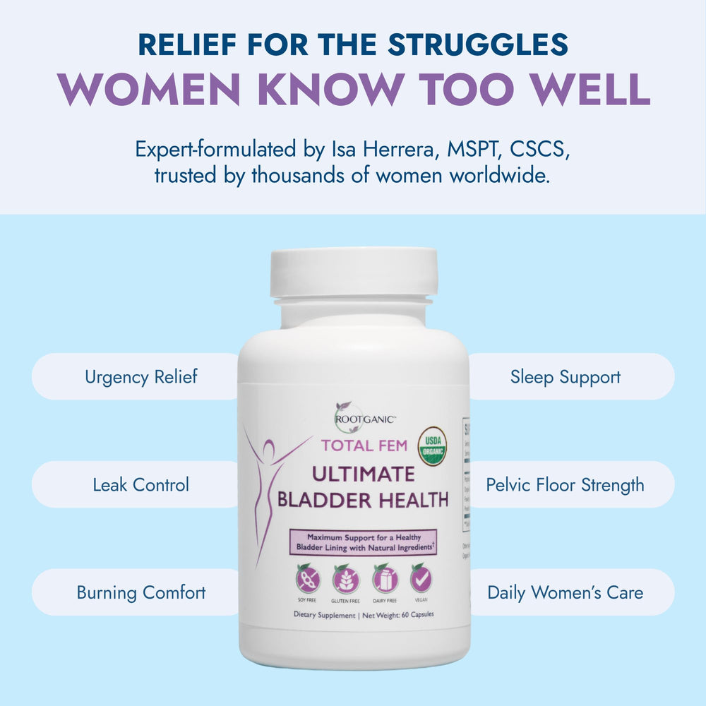 Rootganic Total Fem uva-ursi leaf illustration emphasizes herbal notes for bladder comfort.