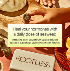 Close-up of cacao, almonds, seeds, and dates in Rootless Seaweed Daily Bites.