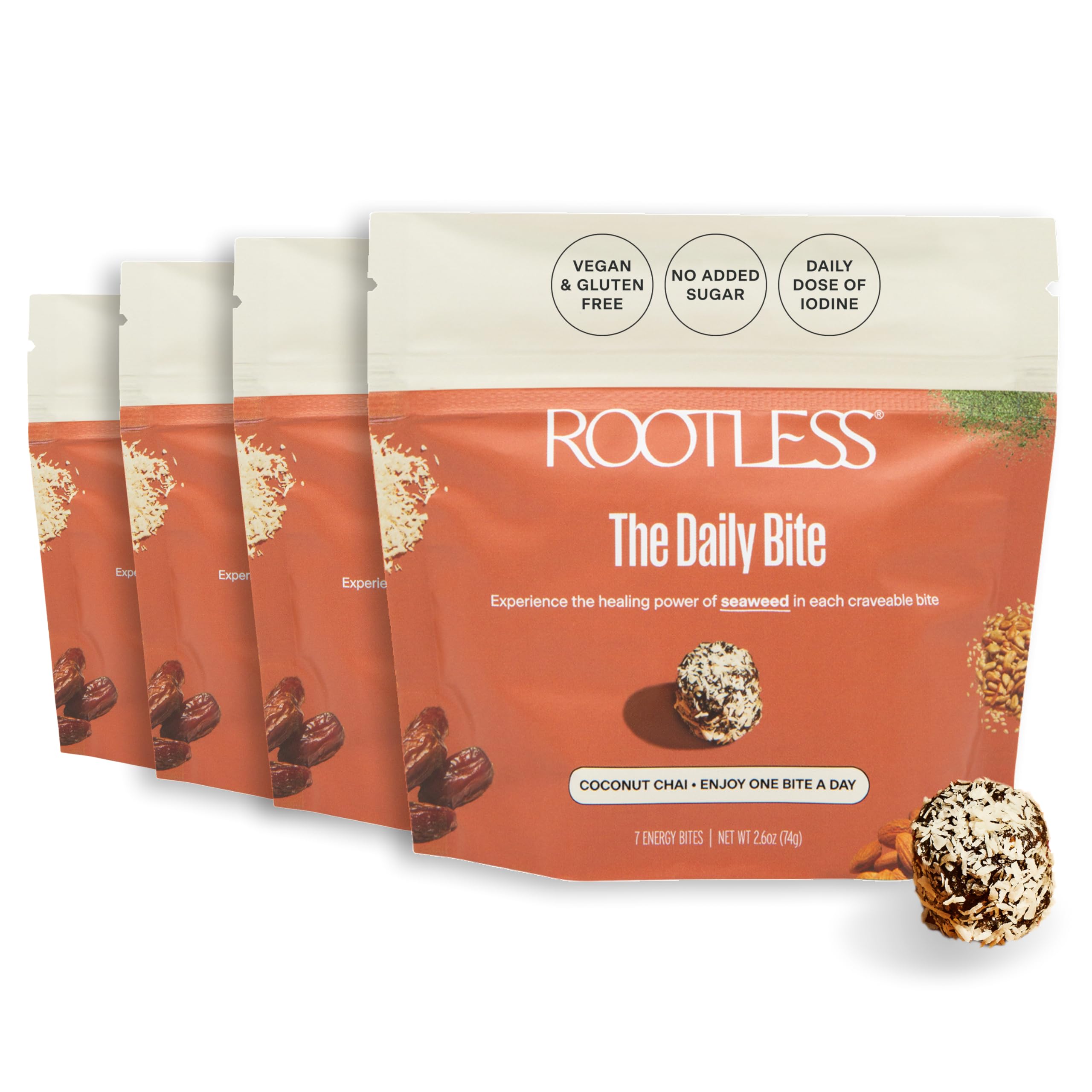 Rootless Seaweed Daily Bites Coconut Chai packaging on shelf for convenient daily ritual
