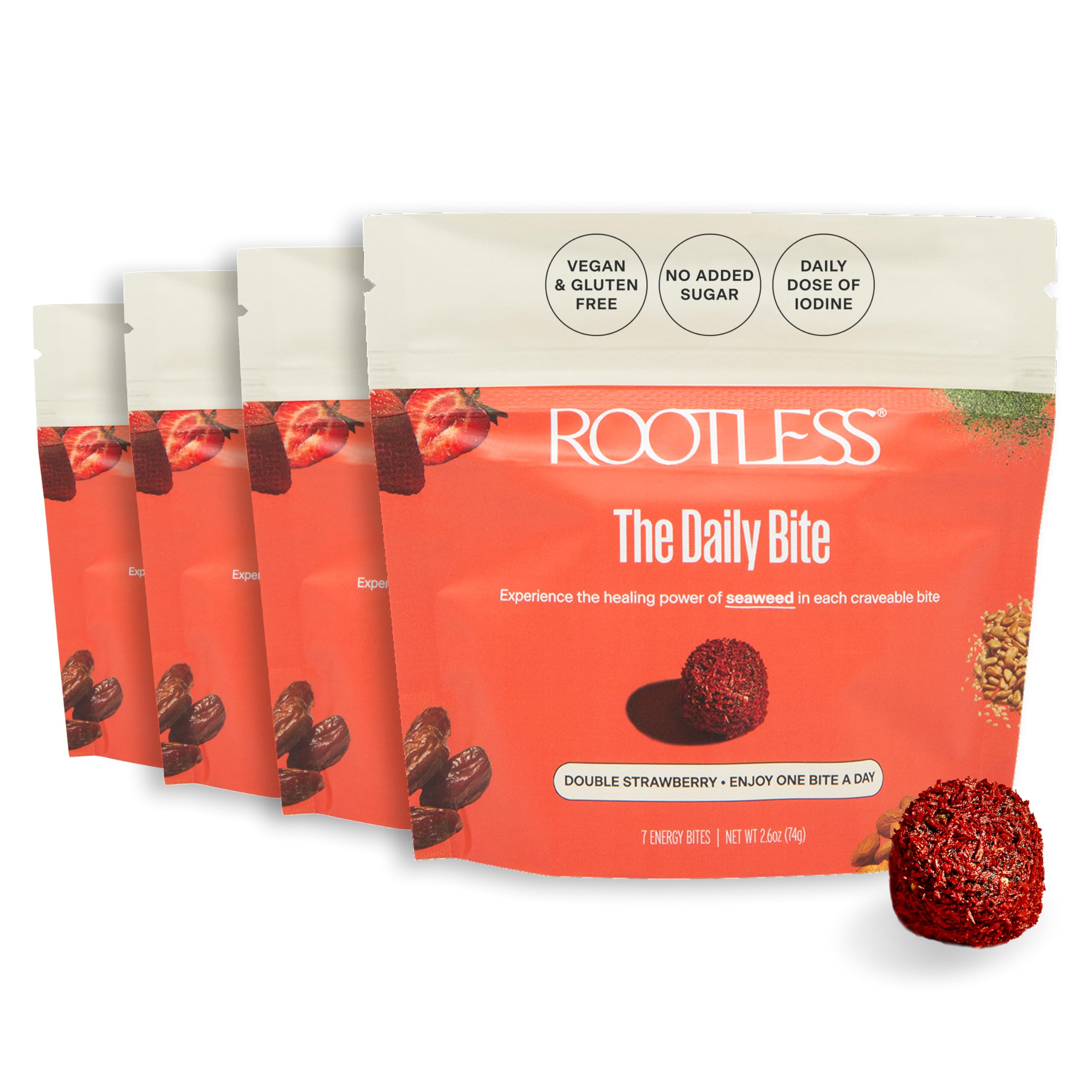 Rootless Seaweed Daily Bites Double Strawberry bottle front for an easy daily ritual.
