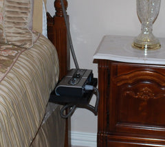 Roscoe Medical CPAP Holder on a nightstand offers easy access and organized space.