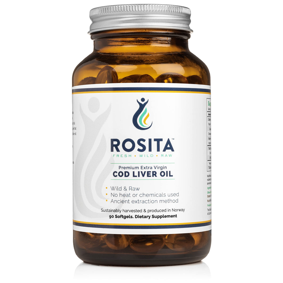 Rosita Real Foods cod liver oil softgels packshot for daily nutritional support.