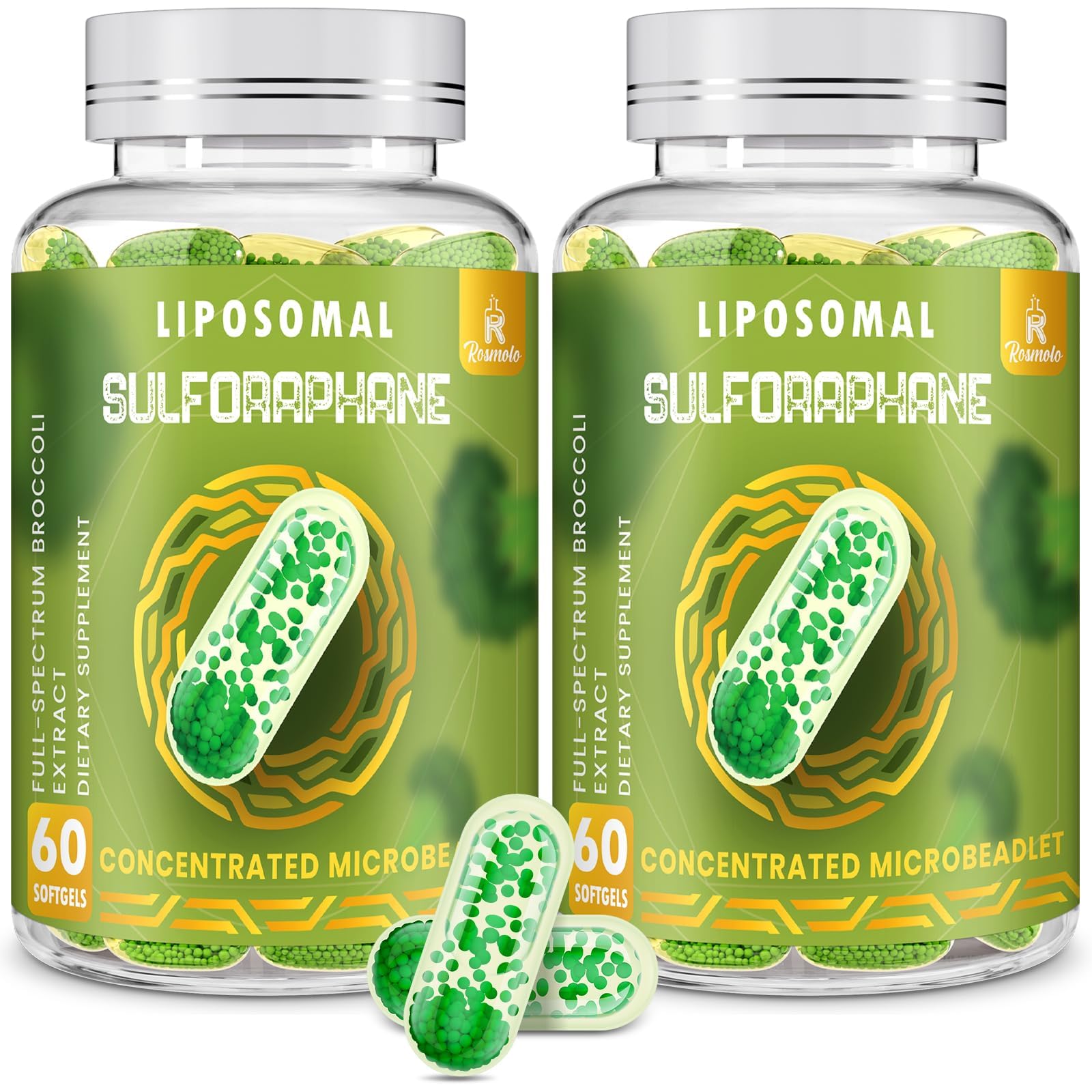 Rosmolo 800mg liposomal sulforaphane bottle highlighting potency and daily use