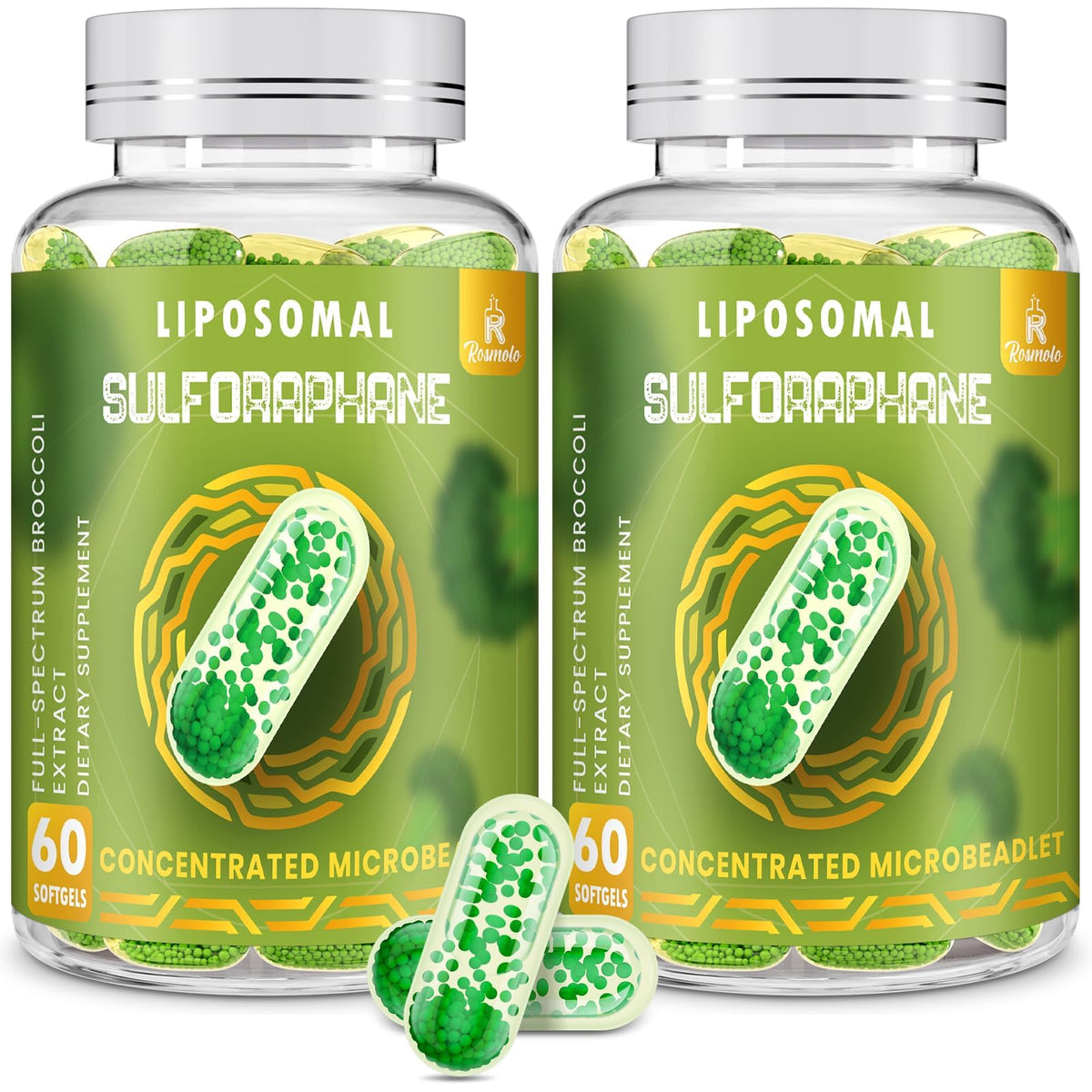 Rosmolo 800mg liposomal sulforaphane bottle highlighting potency and daily use