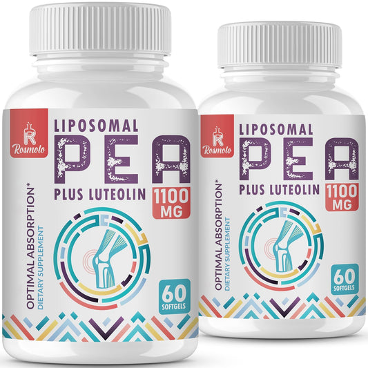 Rosmolo liposomal PEA luteolin bottle highlights enhanced absorption for daily use.