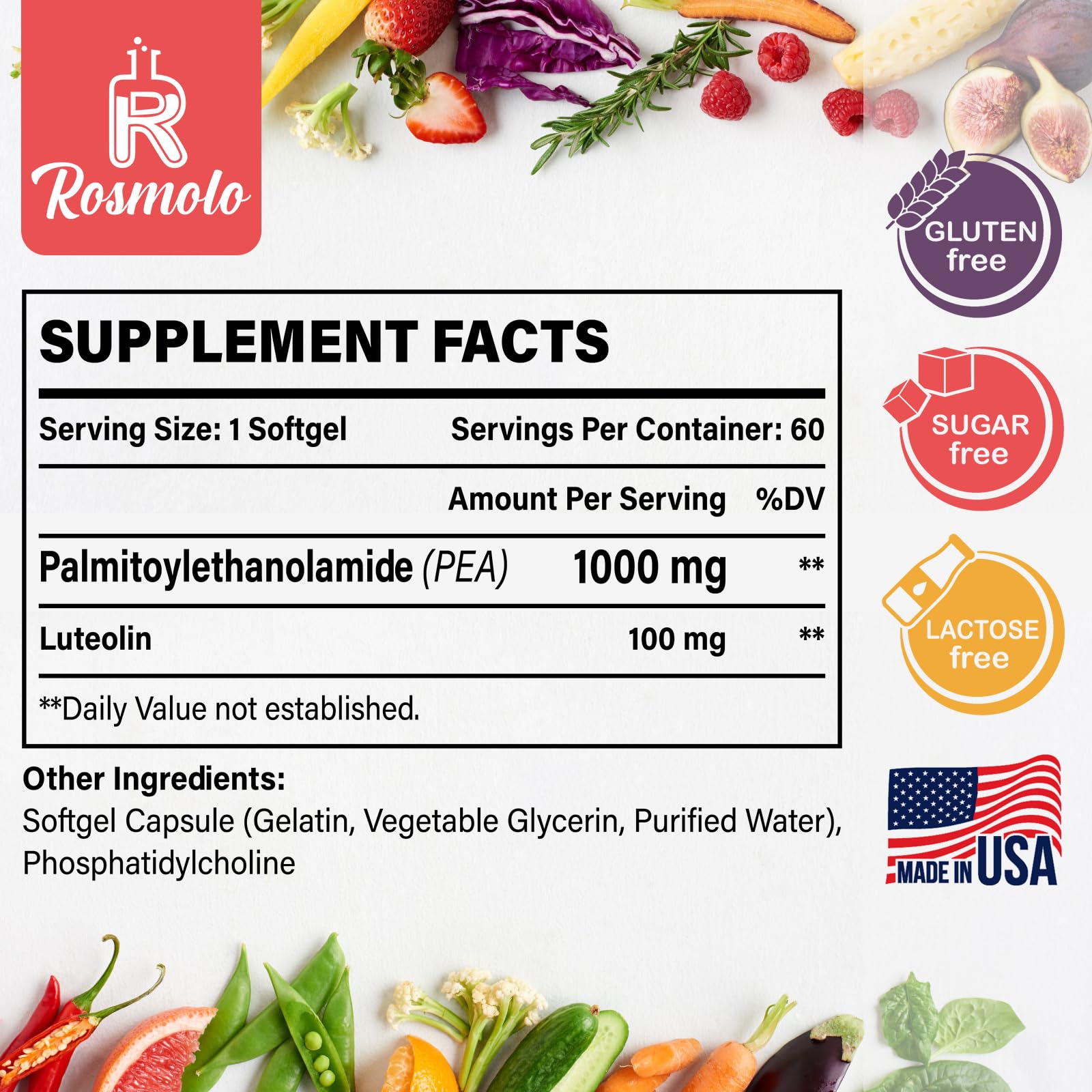 Rosmolo liposomal pea luteolin softgel capsules close-up shows high-dose two-in-one formula.