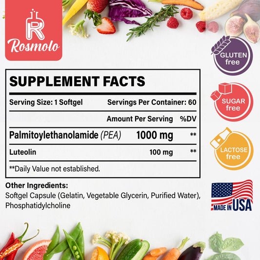 Rosmolo liposomal pea luteolin softgel capsules close-up shows high-dose two-in-one formula.