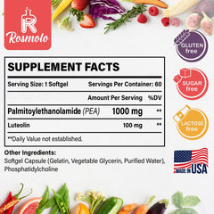 Rosmolo liposomal pea luteolin softgel capsules close-up shows high-dose two-in-one formula.