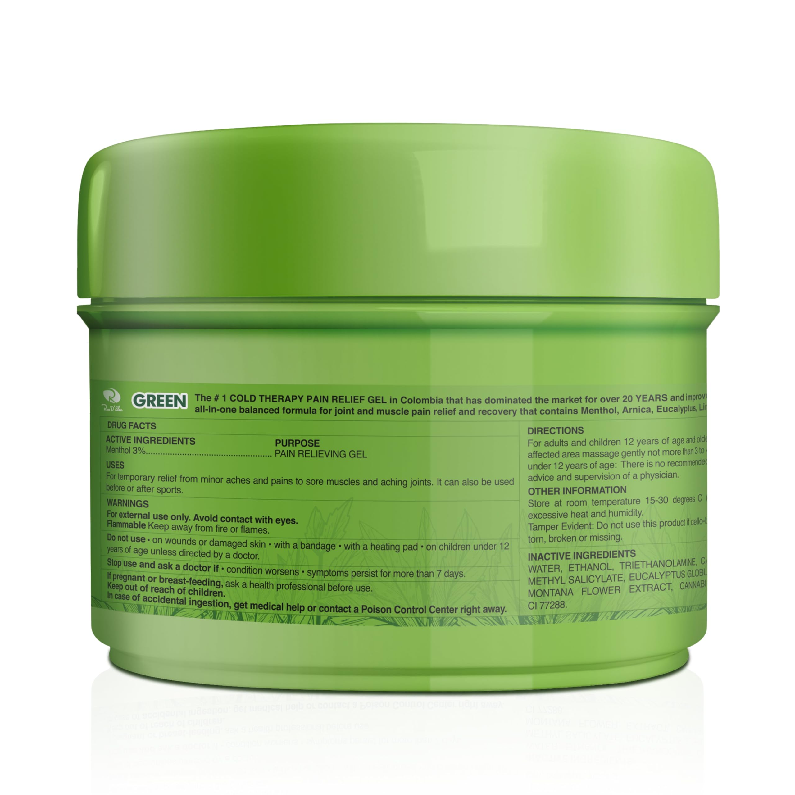 Ross D’Elen green menthol gel applied to skin for cooling relief after activity.