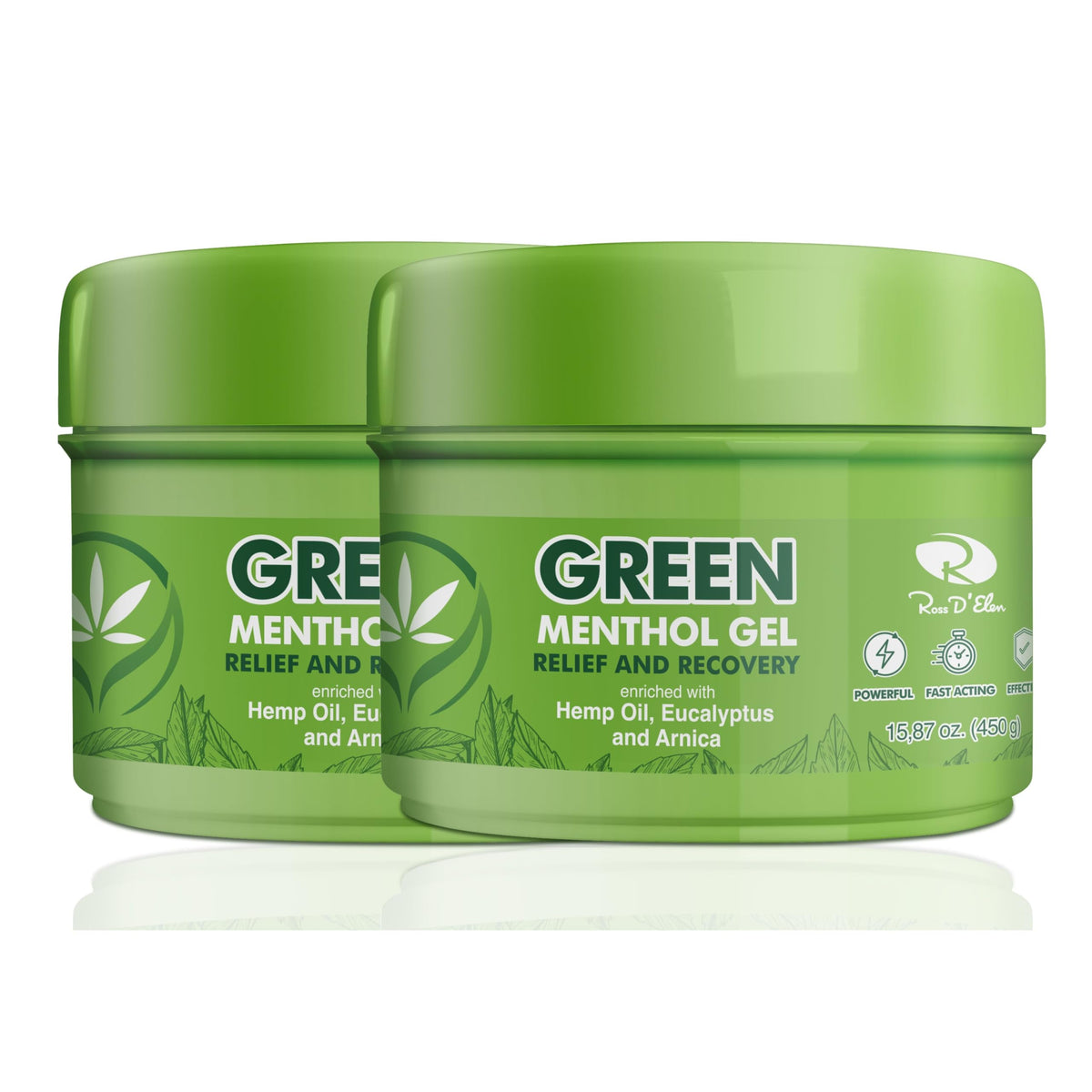 Ross D’Elen green menthol gel 450g bottle front, refreshing daily use sensation.