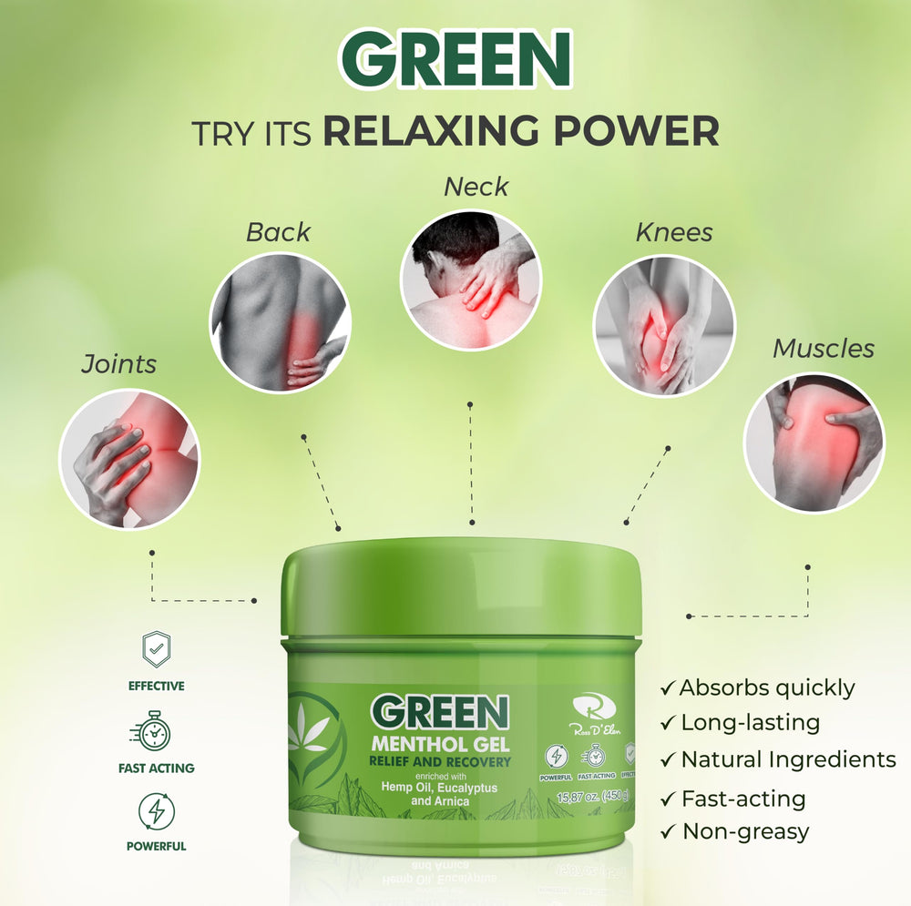 Ross D’Elen green menthol gel 450g jar close-up highlighting smooth gel for easy application.