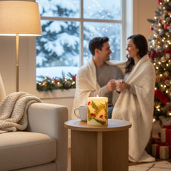 Rosy Rings Frosted Fir candle glow adds cozy evenings ambiance