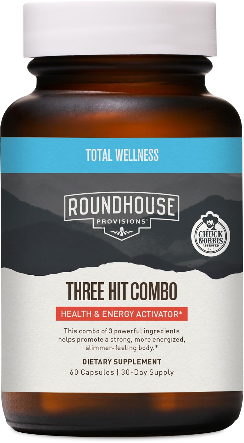 ROUNDHOUSE PROVISION Three Hit Combo bottle pour showcasing convenient capsules for daily energy.