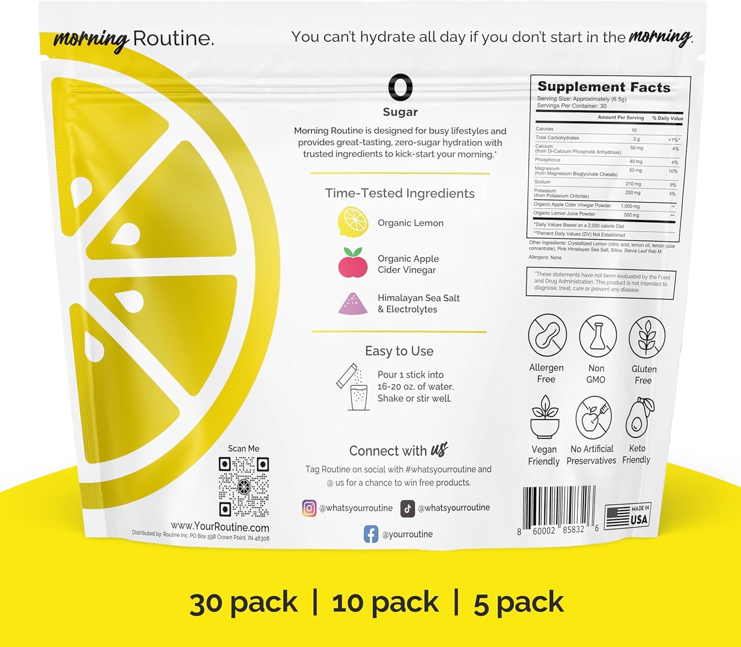 ROUTINE Morning Daily Hydration packet open, ready to mix a sugar-free hydration boost.
