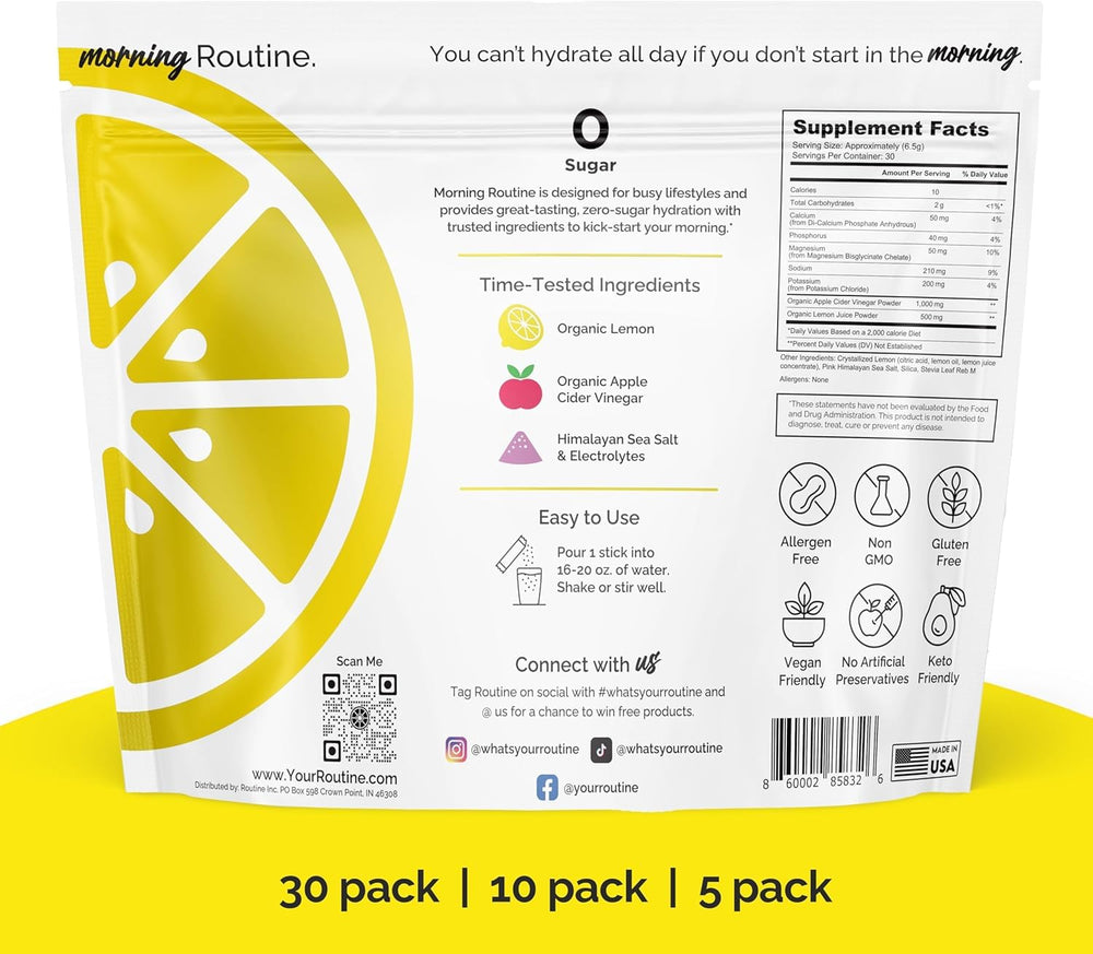 ROUTINE Morning Daily Hydration packet open, ready to mix a sugar-free hydration boost.