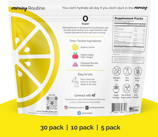 ROUTINE Morning Daily Hydration packet open, ready to mix a sugar-free hydration boost.