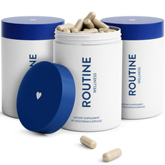 Routine Wellness hair growth supplement bottle promoting fuller-looking hair.