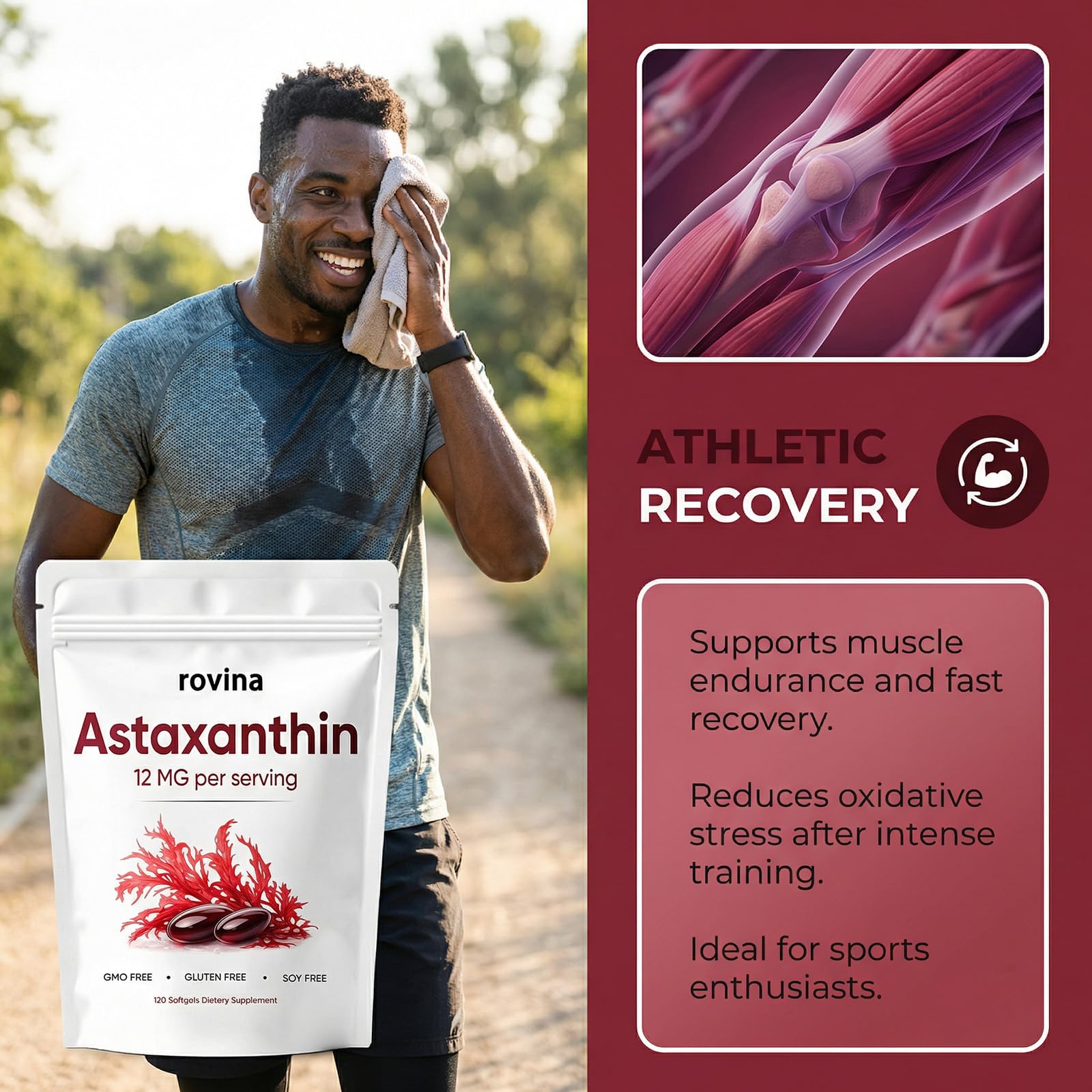 Rovina Astaxanthin non-GMO seal indicating clean ingredients.