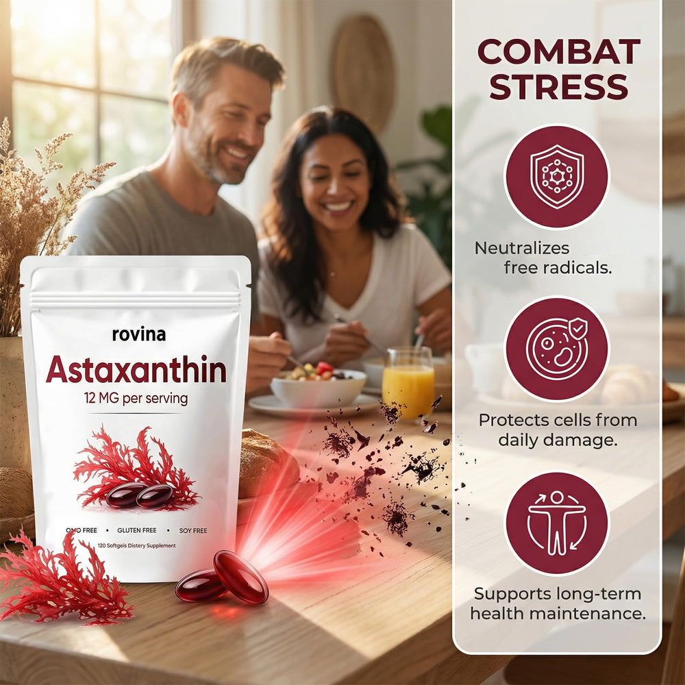 Rovina Astaxanthin softgels closeup showing rich amber capsules.