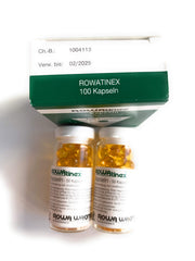 Rowa Rowatinex capsules packaging closeup highlighting natural formula for kidney stone prophylaxis