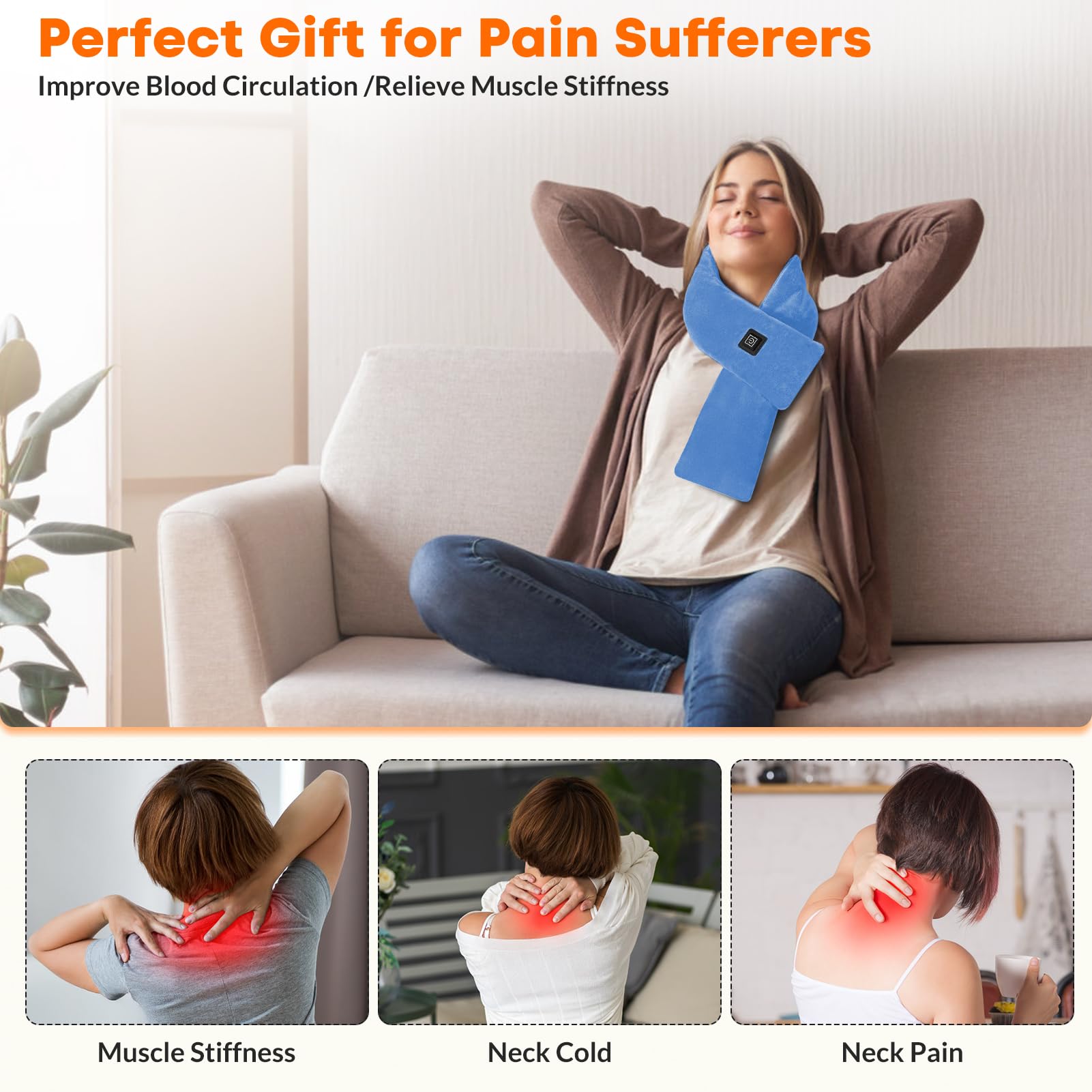 ROWARMSEY neck heating pad demonstrates three heat settings for quick warmth.