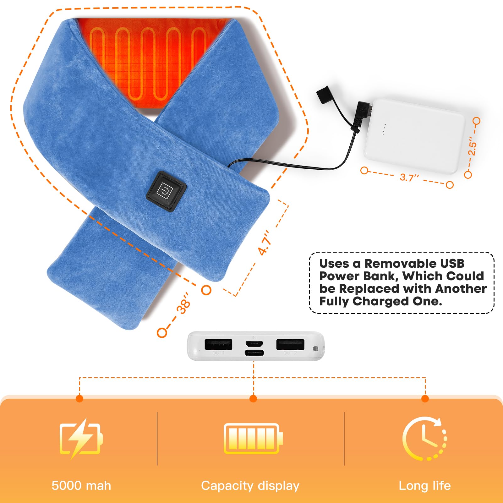 ROWARMSEY sky-blue neck heating pad pictured as portable travel-friendly accessory.