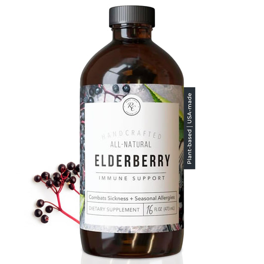 Rowe Casa Organics elderberry syrup bottle pour for family wellness