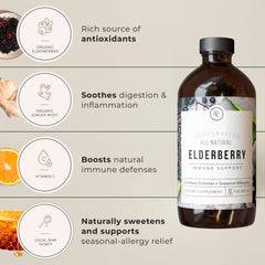 Rowe Casa Organics elderberry syrup on kitchen counter for daily use